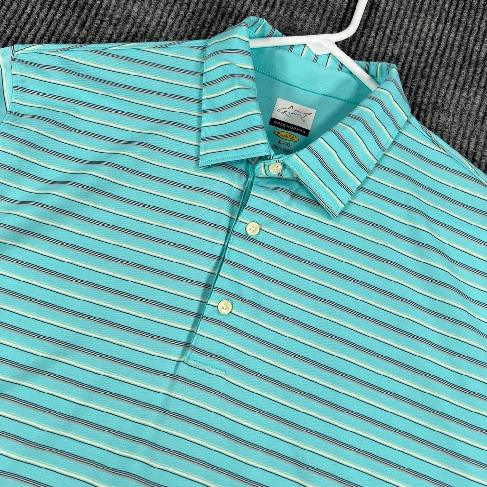 Greg Norman Polo Shirt Mens XL Extra Large Blue Striped Short Sleeve Golf Casual